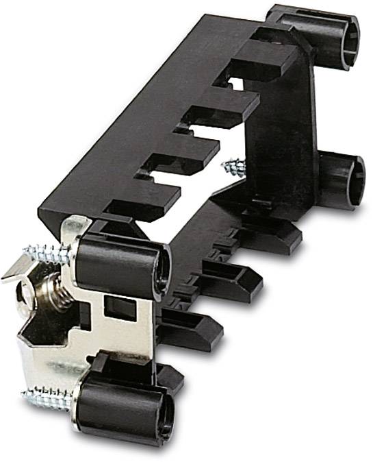 Black plastic holder with multiple insertion slots and metal clips, possibly for cable management or as a mounting rail.