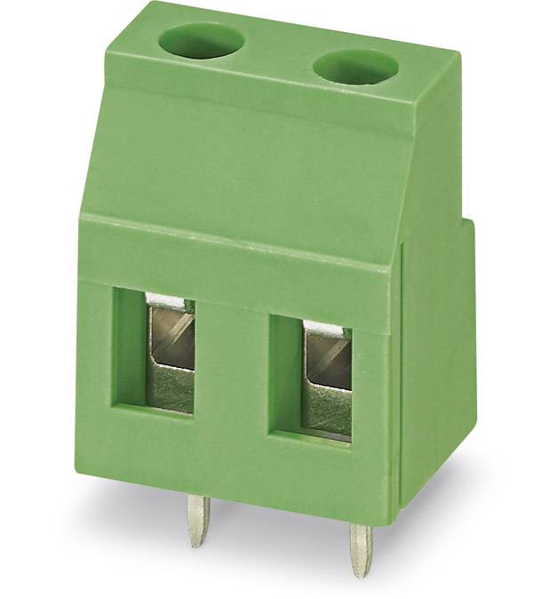 Green two-pole connector with two vertical metal contacts used for electronic circuit applications.