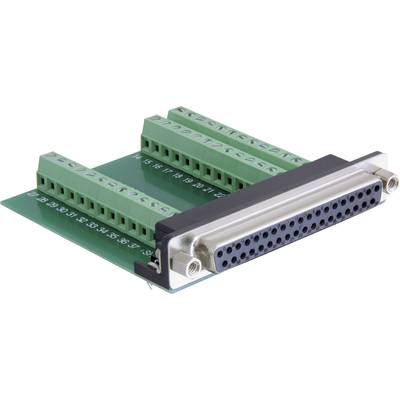 Green printed circuit board with a large, parallel connecting connector and numbered terminals enabling technical connections.