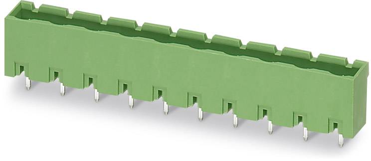 Green terminal block with ten pins, used for electronic connections on printed circuit boards.