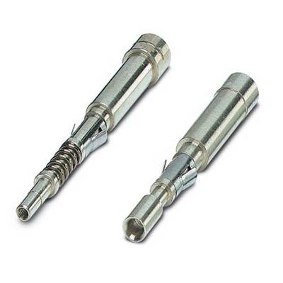 Metallic plug connectors with a spring mechanism, potentially suitable for industrial applications or electrical connections.