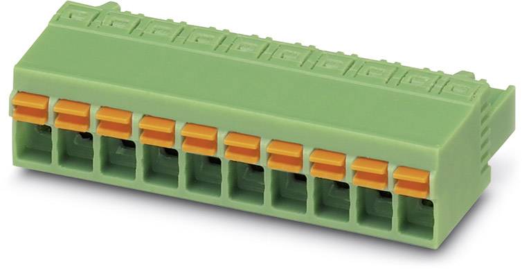 Green connector with ten sockets and orange levers for electrical cable connections.