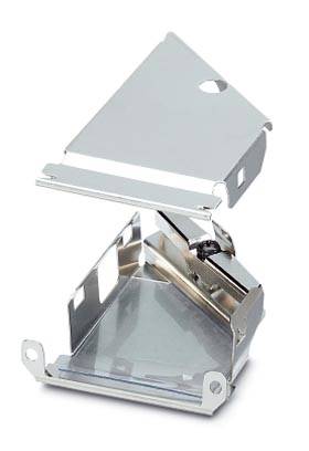 Metallic, triangular casing made of shiny material, consisting of upper and lower sections that can be connected to each other.