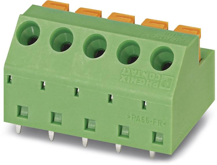 Green connector with four slots and orange press levers, labelled 'Phoenix Contact'.