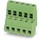 Green electrical terminal block with two levels and six connections, suitable for industrial use in circuit systems.