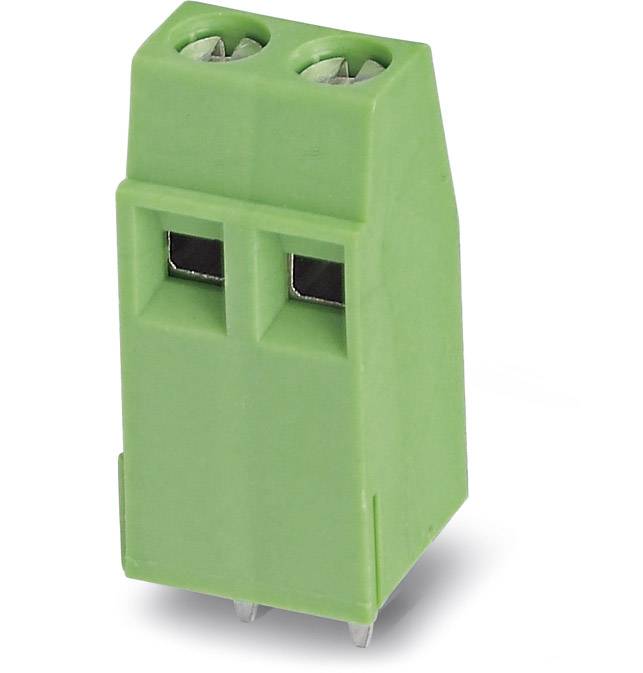 Green connector with two terminals, suitable for PCB mounting.