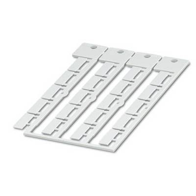 White plastic strips with removable rectangles, likely for labelling purposes. Four identical strips side by side.