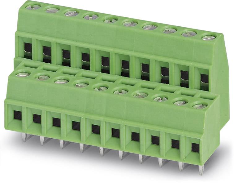 Green, two-row plug-in terminal block with 12 connection openings for electrical connection and wiring in control cabinets.