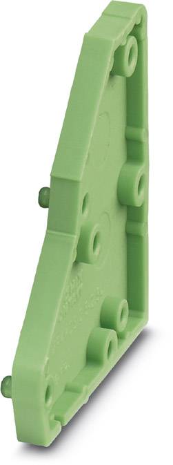 Green plastic component with multiple attachment points, potentially part of a larger mechanical or electronic system.