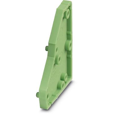 Green plastic component with multiple attachment points, potentially part of a larger mechanical or electronic system.