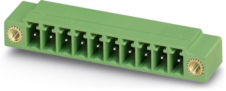 Green plug connector block with 10 pins and two metal sockets, typically used for electrical connections.
