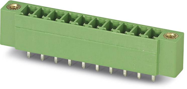 A green electrical connector with ten metal pins for fixing and mounting on a circuit board.