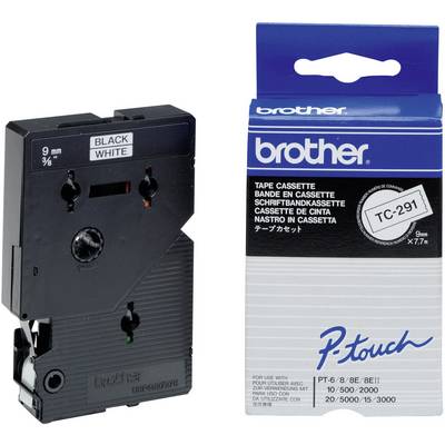 A black Brother P-touch labelling tape (Model TC-291) next to its packaging. Text: 'BLACK WHITE', width: 9 mm.