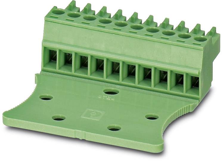 Green electrical terminal block with multiple connection terminals, showing a semi-circular base with holes for mounting.