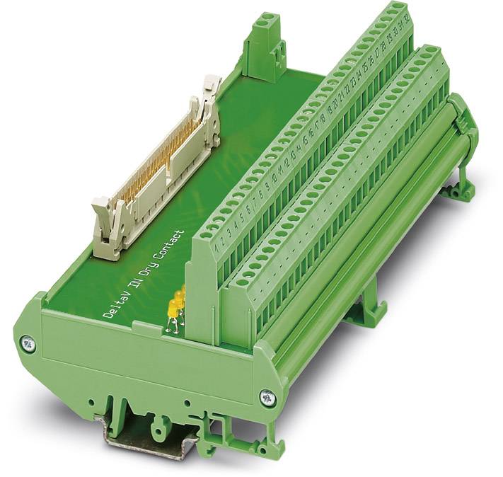 Green electronic circuit board with numerous connection terminals and contacts, used in industrial technologies and systems.