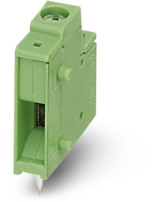 A green electrical terminal element with plug connection, viewed from the side.