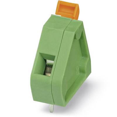 Green, triangular plastic plug with metallic contact and orange protective cap, used for electrical connections.