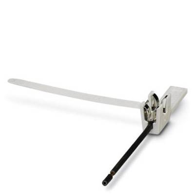 A white cable tie with a metal fastener is resting on a white surface.