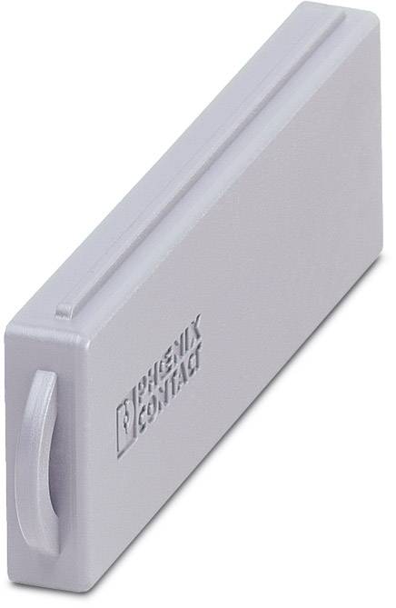 Image of a grey end cover from Phoenix Contact, rectangular with a handle and visible brand logo, for industrial applications.