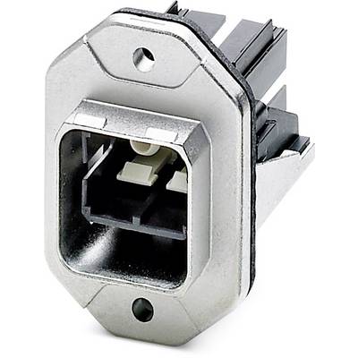 A square connector with a metal frame and plastic components, suitable for electrical or data connections in technical applications.