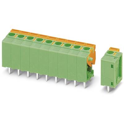 Green electrical plug-in terminals with orange locks, suitable for printed circuit board mounting.