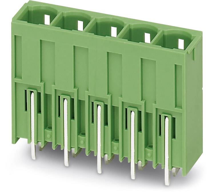 Green electrical connector with five pins, vertically oriented, for printed circuit board mounting.