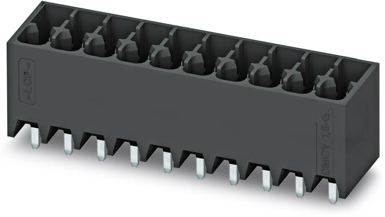 A black electrical connector with ten pins for PCB mounting, depicted in side view against a white background.