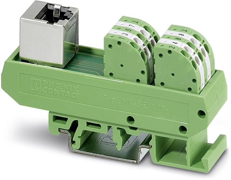 Green electronic component with connection terminals and label 'Type UMK-SE 11.25-1'. Suitable for modular mounting.