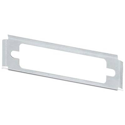 Metal mounting plate for a patch panel, rectangular with oval openings at the ends for securing in a rack system.