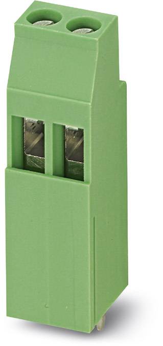 Green electrical connector with two connection openings, suitable for printed circuit board mounting in electronic devices.