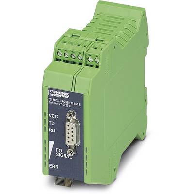 A green industrial network module with connection terminals and serial interfaces. Brand name and model number are visible.
