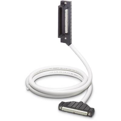 A white cable with two black connectors, one standing vertically, the other lying horizontally.