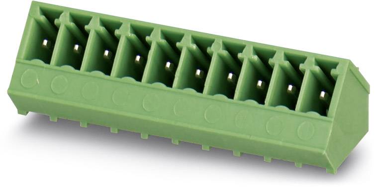 Green, rectangular electrical connector with eight connection points, used for connecting electrical lines.