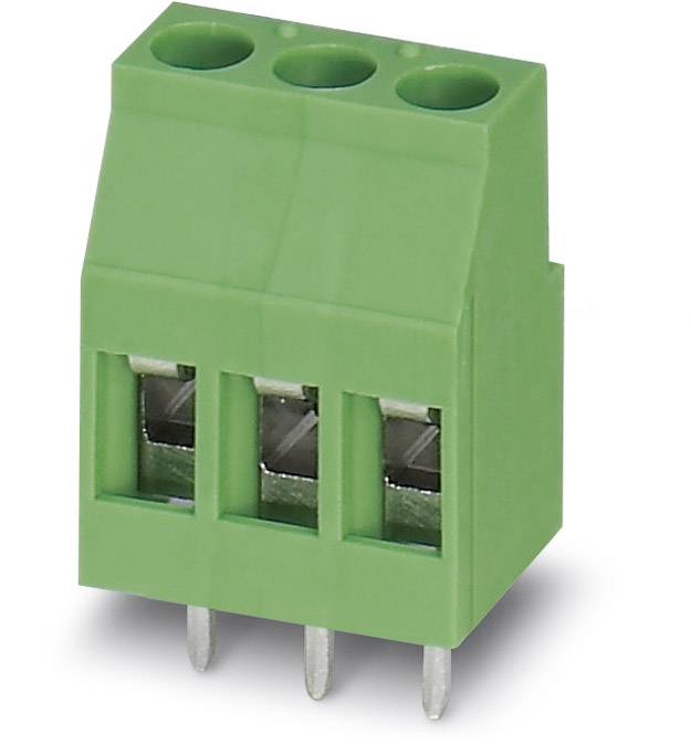 Green three-pole connector with metal pins, suitable for printed circuit board mounting in electronic circuits.