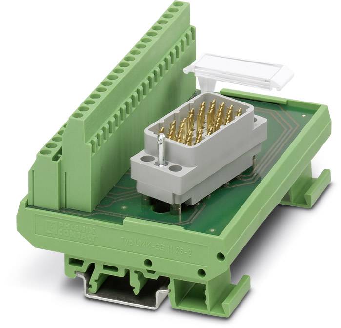 Green electrical circuit board with raised connector and gold pins, ready for wiring in industrial control systems.