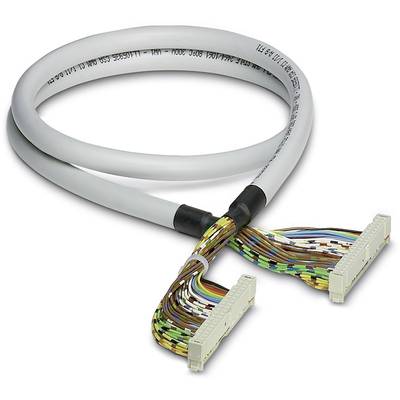 A grey cable with multiple coloured wires is fitted with connectors at both ends. It is lying in a loop shape.