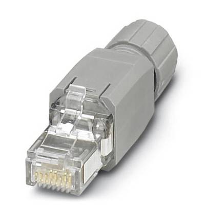 Grey RJ45 plug, slightly angled, showing eight gold-plated contacts, suitable for network connections.