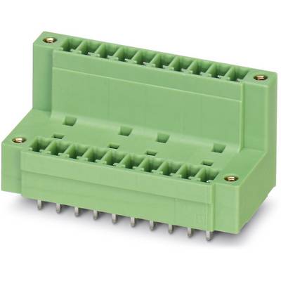 Green connector block with multiple terminal connection points, side metal contact, used for electrical connection.