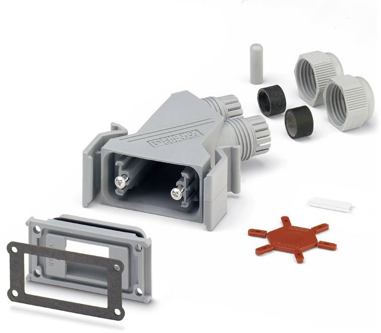 Industrial cable connector set comprising a grey housing, screw connections, seals, and other accessories, suitable for electrical connections.
