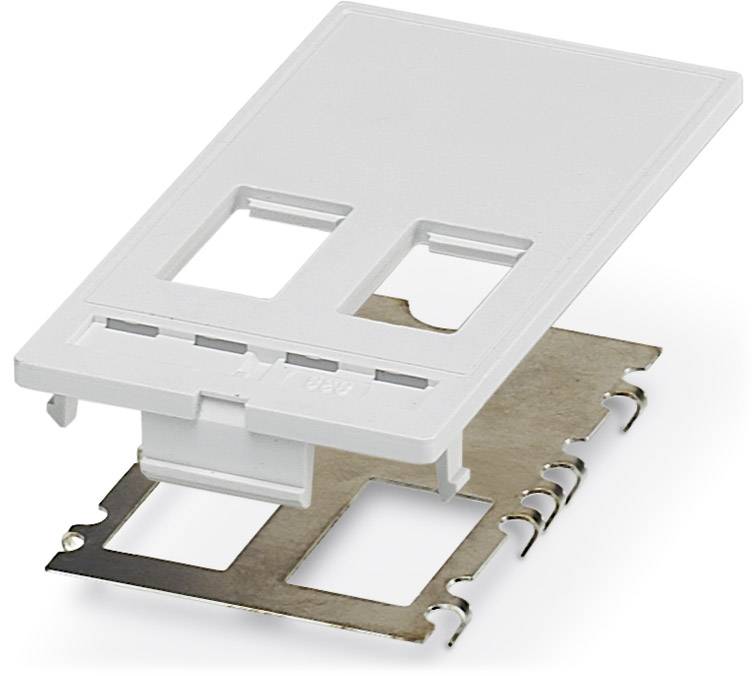 White plastic plate with rectangular cutouts, mounted on a metal bracket. Likely used for cable or device mounting.