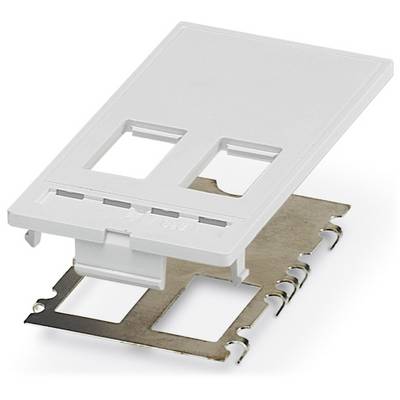 White plastic plate with rectangular cutouts, mounted on a metal bracket. Likely used for cable or device mounting.
