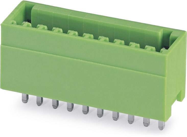 Green rectangular connector with multiple pins underneath, suitable for use in electronic devices.