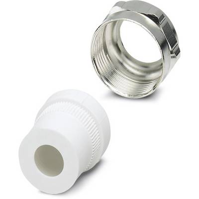 A white plastic adapter and a metal threaded ring for connecting pipes or hoses.