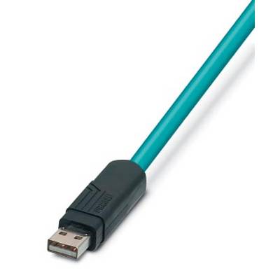 A blue USB cable with a black plug at the left end on a white background.