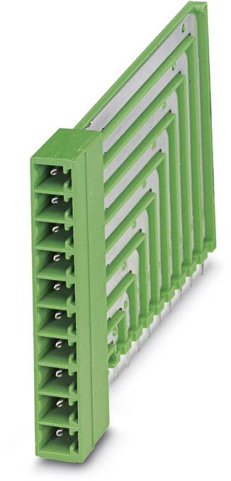 Green electronic multi-pin connector, shown in a diagonal view. Used for electrical connections.