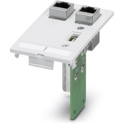 An electronic module with two RJ-45 ports mounted on a green circuit board, suitable for network installations.
