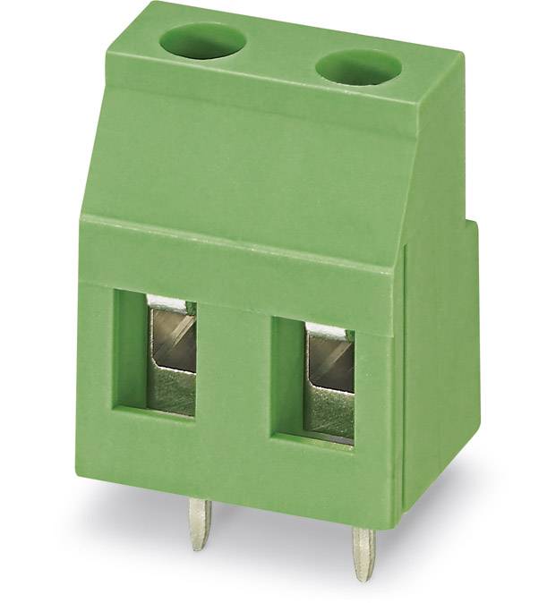 Green connector with two terminals and two metal pins at the bottom, suitable for electronic connections or circuit boards.