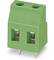 Green connector with two terminals and two metal pins at the bottom, suitable for electronic connections or circuit boards.