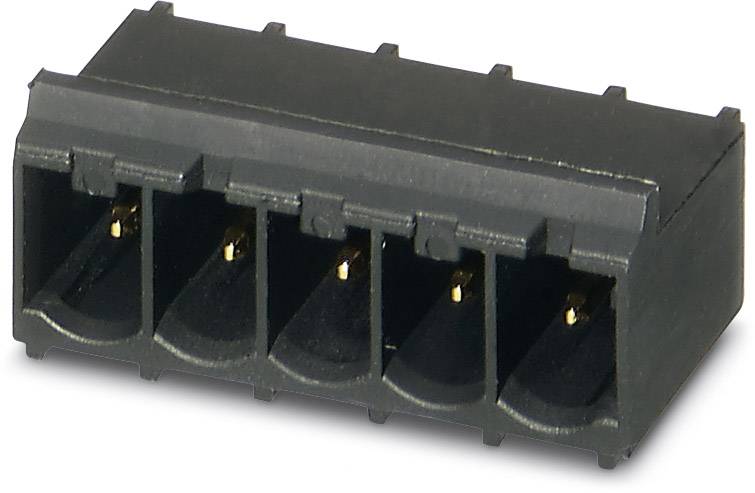 Black 5-pole electrical terminal block with gold-coloured contacts, used for electronic connections.