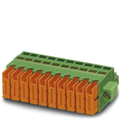 A green connector plug with orange terminals, suitable for connecting electrical cables, left-side screw visible.